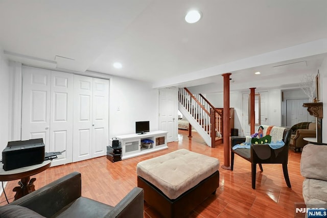 116 Sherman Ave, Teaneck, NJ 07666 - living room with stairway, wood finished floors, and recessed lighting