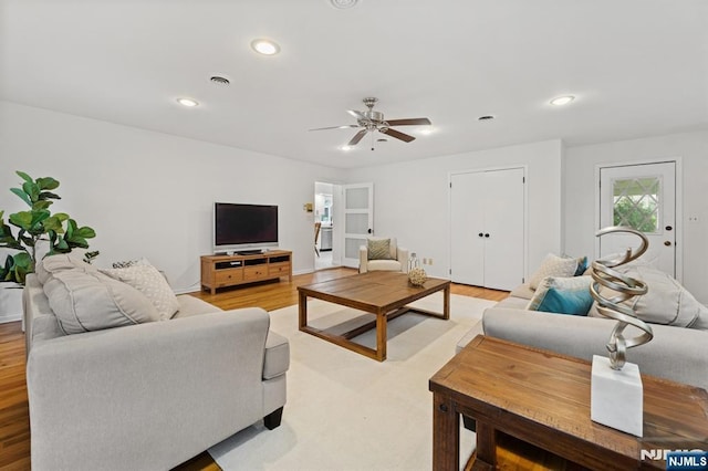 890 Ridgewood Ave, Oradell, NJ 07649 - living room featuring ceiling fan, light wood finished floors, and recessed lighting