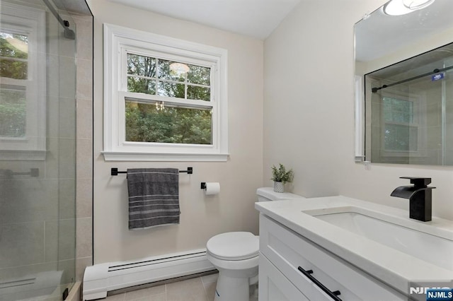 890 Ridgewood Ave, Oradell, NJ 07649 - bathroom featuring a baseboard radiator, vanity, a stall shower, and tile patterned flooring