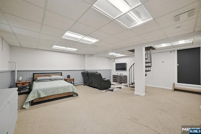 155 8th, Hawthorne, NJ 07506 - bedroom featuring carpet floors, a drop ceiling, and wainscoting