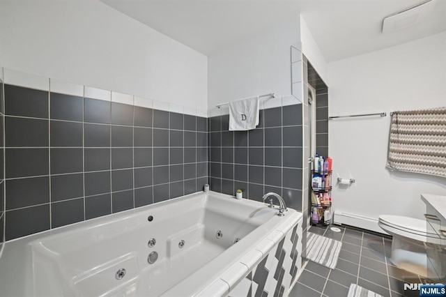 155 8th, Hawthorne, NJ 07506 - full bathroom with baseboard heating, a jetted tub, tile patterned floors, and tile walls