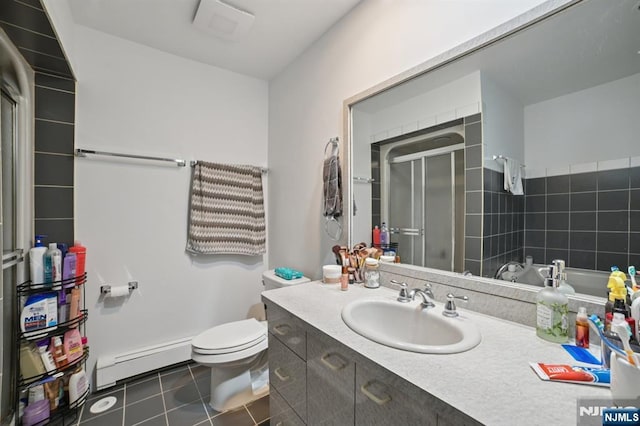 155 8th, Hawthorne, NJ 07506 - full bathroom with baseboard heating, tile patterned flooring, vanity, and a shower stall