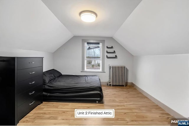87 James St, Englewood, NJ 07631 - bedroom with radiator heating unit, light wood-style flooring, and lofted ceiling