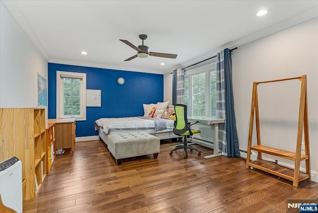 8 Oratam Rd, Upper Saddle River, NJ 07458 - bedroom with crown molding, wood finished floors, recessed lighting, and a ceiling fan