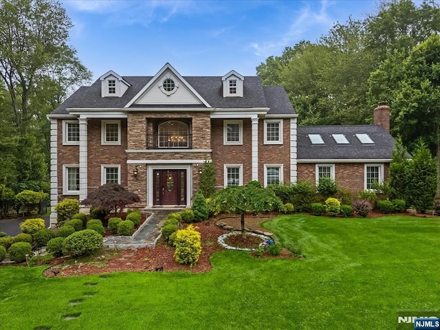 8 Oratam Rd, Upper Saddle River, NJ 07458 - colonial inspired home featuring a balcony, a front yard, brick siding, and a chimney