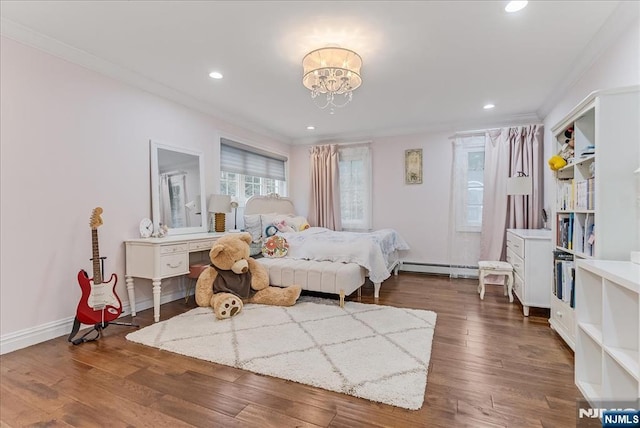 8 Oratam Rd, Upper Saddle River, NJ 07458 - bedroom featuring ornamental molding, a chandelier, dark wood-style flooring, a baseboard heating unit, and recessed lighting