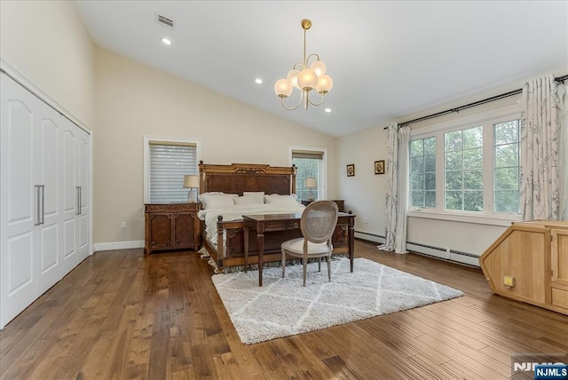 8 Oratam Rd, Upper Saddle River, NJ 07458 - bedroom featuring a baseboard radiator, a chandelier, baseboard heating, lofted ceiling, and wood finished floors