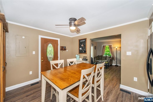 15 Mason St, Jefferson Township, NJ 07849 - dining room with electric panel, dark wood finished floors, crown molding, and ceiling fan