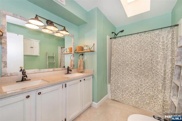 15 Mason St, Jefferson Township, NJ 07849 - bathroom featuring a skylight, double vanity, shower / bath combo, and tile patterned flooring