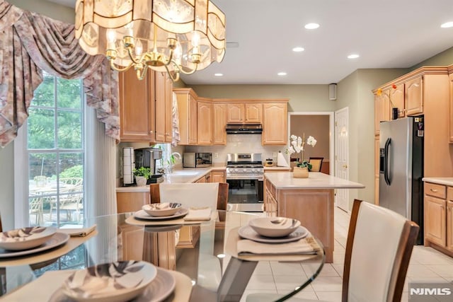 12 Jenny Ln, Wayne, NJ 07470 - kitchen featuring stainless steel appliances, under cabinet range hood, light brown cabinetry, a chandelier, and recessed lighting