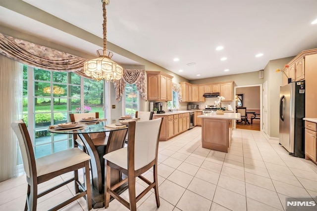 12 Jenny Ln, Wayne, NJ 07470 - dining room with light tile patterned flooring, a chandelier, and recessed lighting
