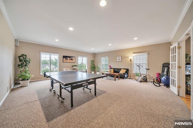 12 Jenny Ln, Wayne, NJ 07470 - recreation room featuring ornamental molding, carpet, recessed lighting, and french doors