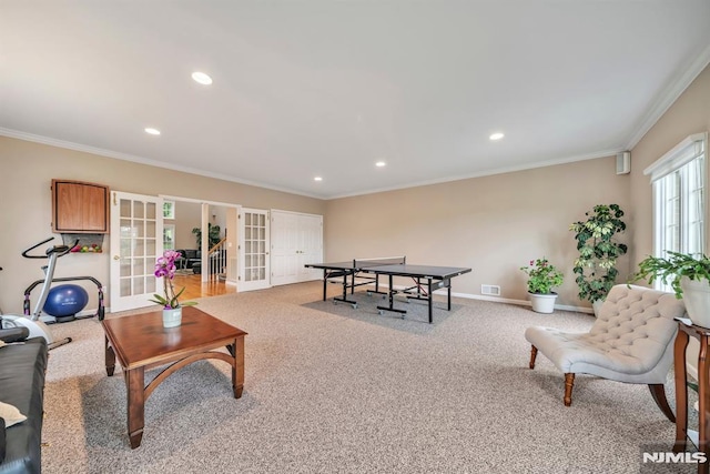 12 Jenny Ln, Wayne, NJ 07470 - rec room featuring french doors, crown molding, carpet, and recessed lighting