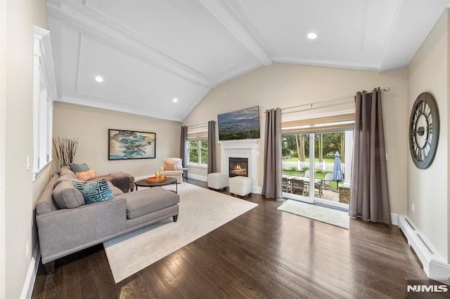 66 Andover Ter, Glen Rock, NJ 07452 - living area with a baseboard radiator, dark wood-type flooring, a glass covered fireplace, and recessed lighting