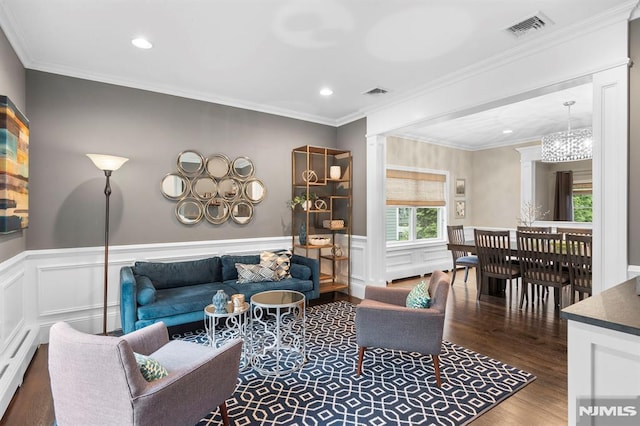 66 Andover Ter, Glen Rock, NJ 07452 - living area with wood finished floors, wainscoting, ornamental molding, recessed lighting, and a chandelier