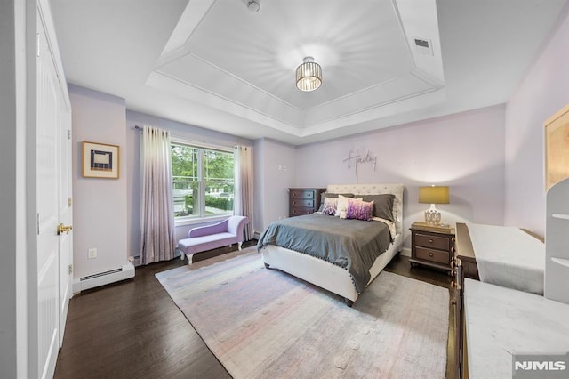 66 Andover Ter, Glen Rock, NJ 07452 - bedroom featuring a tray ceiling, baseboard heating, and wood finished floors