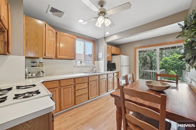 350 Walnut St, Nutley, NJ 07110 - kitchen featuring freestanding refrigerator, ceiling fan, light wood-style flooring, healthy amount of natural light, and recessed lighting