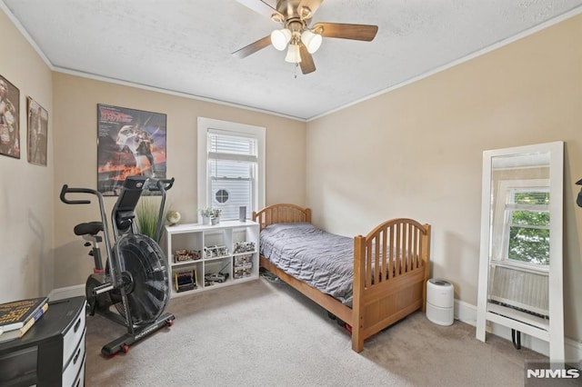 350 Walnut St, Nutley, NJ 07110 - carpeted bedroom with multiple windows, crown molding, a textured ceiling, and a ceiling fan