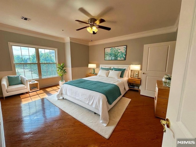 7207 Ravenscroft Rd Unit 7207, Clifton, NJ 07013 - bedroom with ornamental molding, dark wood-type flooring, a wainscoted wall, and ceiling fan
