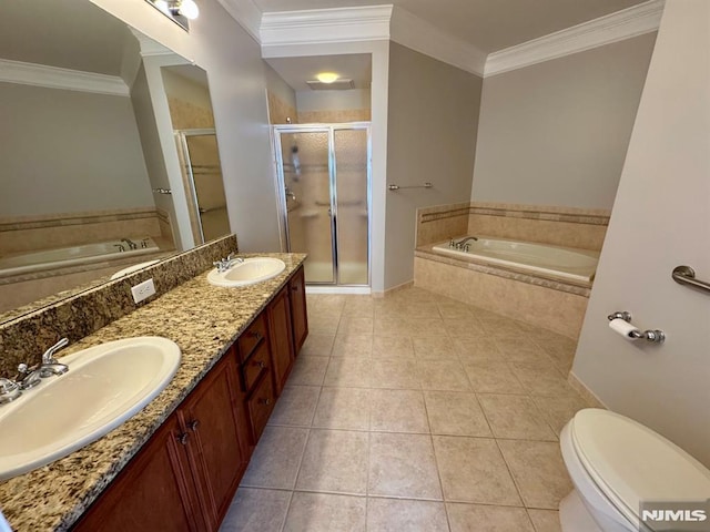 7207 Ravenscroft Rd Unit 7207, Clifton, NJ 07013 - bathroom with double vanity, a garden tub, a stall shower, tile patterned floors, and crown molding