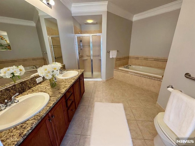7207 Ravenscroft Rd Unit 7207, Clifton, NJ 07013 - full bathroom featuring a bath, a stall shower, double vanity, tile patterned flooring, and ornamental molding