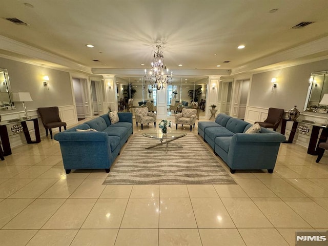 7207 Ravenscroft Rd Unit 7207, Clifton, NJ 07013 - living area with a decorative wall, ornamental molding, wainscoting, light tile patterned floors, and a chandelier