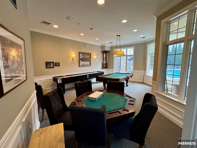 7207 Ravenscroft Rd Unit 7207, Clifton, NJ 07013 - game room with carpet floors, a decorative wall, billiards, crown molding, and wainscoting