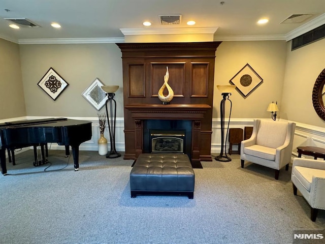 7207 Ravenscroft Rd Unit 7207, Clifton, NJ 07013 - living area with carpet flooring, a glass covered fireplace, ornamental molding, recessed lighting, and wainscoting