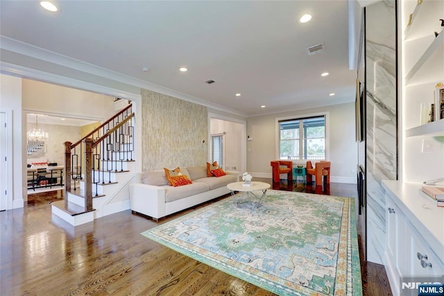 62 Merritt Ave, Cresskill, NJ 07626 - living area featuring crown molding, stairs, a chandelier, wood finished floors, and recessed lighting