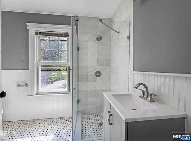 126 Grant Ave, Cresskill, NJ 07626 - full bathroom featuring a stall shower, vanity, and a wainscoted wall