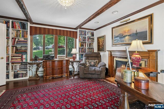 15 Barberry Way, Essex Fells, NJ 07021 - office space featuring ornamental molding, beam ceiling, wood finished floors, built in features, and a warm lit fireplace