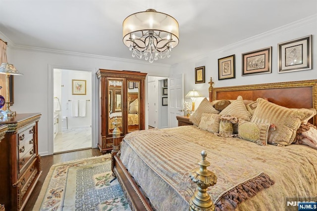 15 Barberry Way, Essex Fells, NJ 07021 - bedroom with crown molding, a chandelier, wood finished floors, and ensuite bathroom