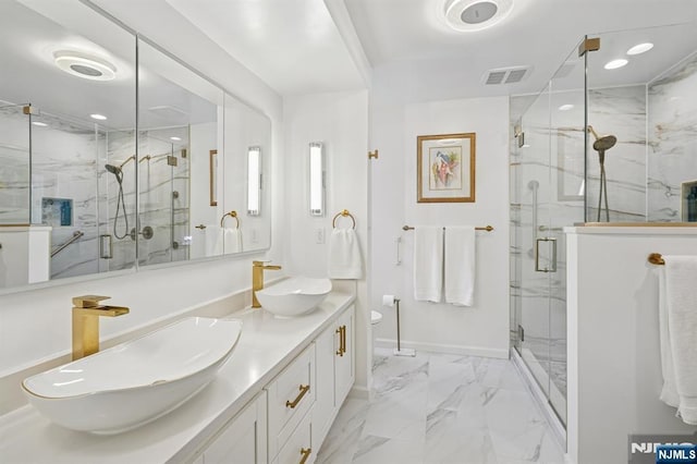 15 Barberry Way, Essex Fells, NJ 07021 - full bathroom featuring double vanity, marble finish floors, and a marble finish shower
