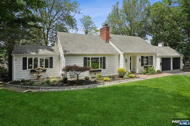 15 Barberry Way, Essex Fells, NJ 07021 - view of front of house with an attached garage, a chimney, a front lawn, driveway, and a shingled roof