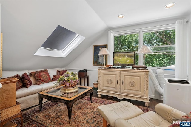 15 Barberry Way, Essex Fells, NJ 07021 - living room with a skylight, vaulted ceiling, recessed lighting, and wood finished floors