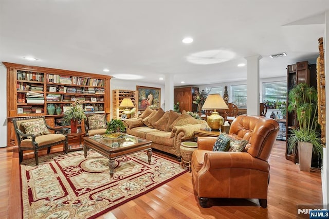 15 Barberry Way, Essex Fells, NJ 07021 - living room featuring decorative columns, wood finished floors, and recessed lighting