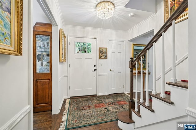 15 Barberry Way, Essex Fells, NJ 07021 - entrance foyer featuring stairs, a chandelier, crown molding, and dark wood-type flooring