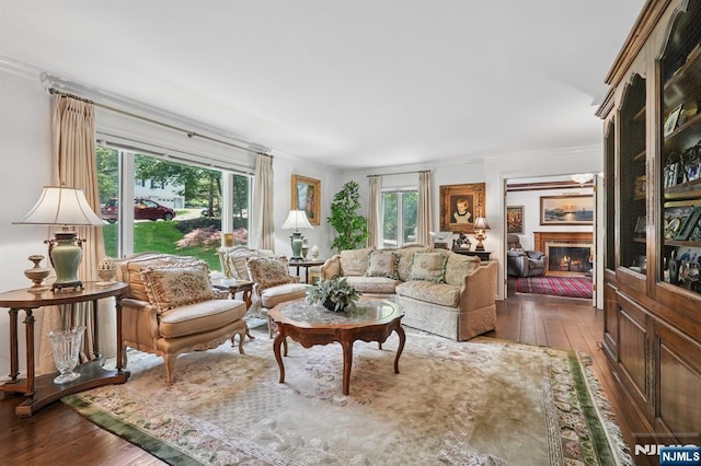 15 Barberry Way, Essex Fells, NJ 07021 - living area featuring hardwood / wood-style flooring, crown molding, and a glass covered fireplace