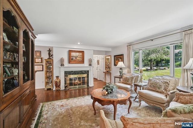 15 Barberry Way, Essex Fells, NJ 07021 - living area featuring crown molding, hardwood / wood-style floors, a premium fireplace, and recessed lighting