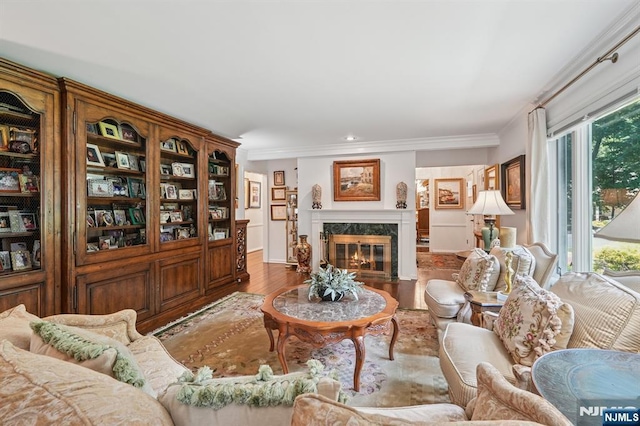 15 Barberry Way, Essex Fells, NJ 07021 - living area featuring a premium fireplace, ornamental molding, and wood finished floors