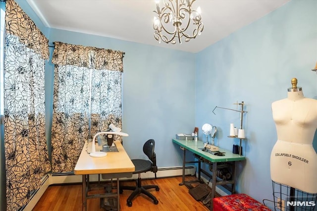 131 Shaler Ave, Fairview, NJ 07022 - home office featuring wood finished floors, a chandelier, and a baseboard heating unit