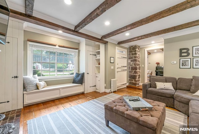 821 Glen Ave, Ridgewood, NJ 07450 - living room featuring radiator heating unit, beam ceiling, hardwood / wood-style flooring, crown molding, and recessed lighting