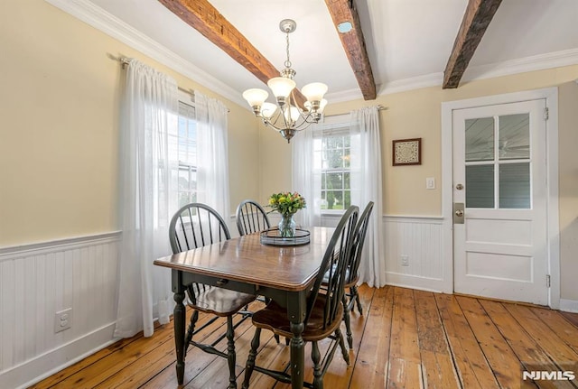 821 Glen Ave, Ridgewood, NJ 07450 - dining space featuring a chandelier, wainscoting, beam ceiling, and light wood-style flooring