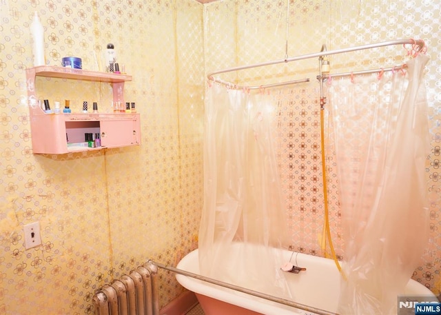 5 Grove St, Bloomfield, NJ 07003 - full bath with radiator, shower / bath combination with curtain, and wallpapered walls