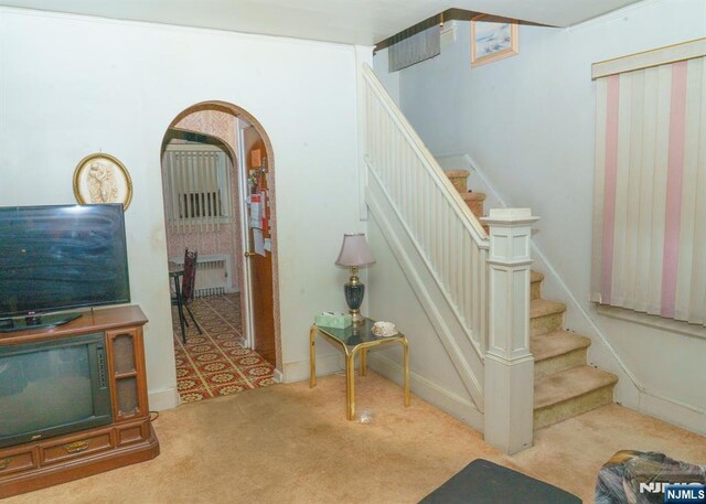 5 Grove St, Bloomfield, NJ 07003 - stairway with carpet flooring, arched walkways, and radiator