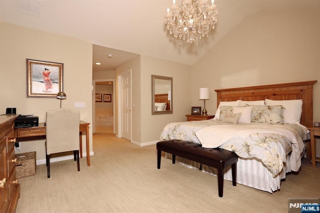 53 Pine Lake Ter Unit T053, River Vale, NJ 07675 - bedroom featuring light carpet, a chandelier, an office area, and vaulted ceiling