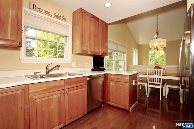 53 Pine Lake Ter Unit T053, River Vale, NJ 07675 - kitchen featuring appliances with stainless steel finishes, dark wood-type flooring, light countertops, lofted ceiling, and recessed lighting