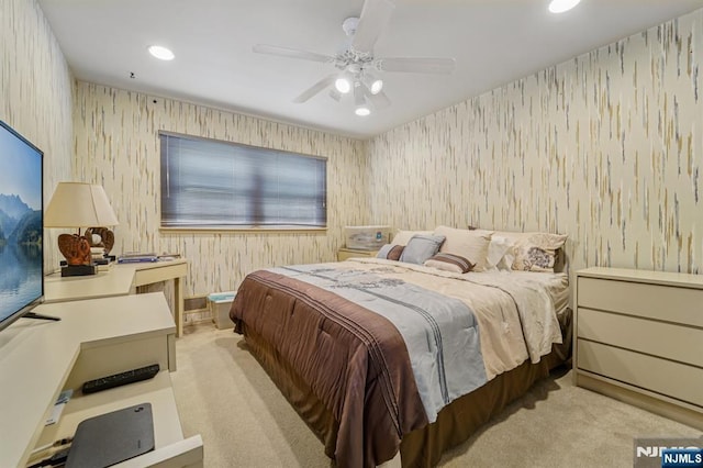 30 Sinclair Dr, Wayne, NJ 07470 - carpeted bedroom with wallpapered walls, recessed lighting, and a ceiling fan