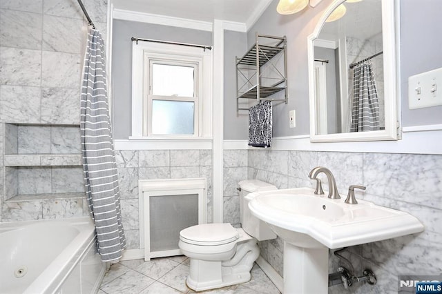 393 High St, Nutley, NJ 07110 - bathroom with crown molding, shower / tub combo with curtain, tile walls, and marble finish floors
