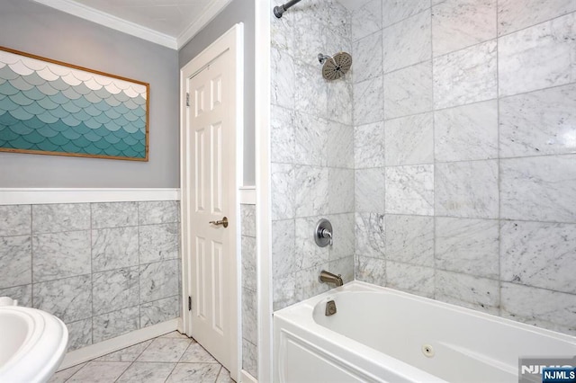 393 High St, Nutley, NJ 07110 - bathroom with ornamental molding, shower / washtub combination, tile walls, and marble look tile flooring
